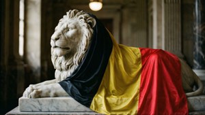 Flag Draped on Lion Statue