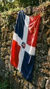 Flag Draped on Stone Wall