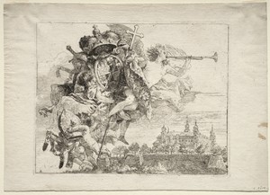 Flight into Egypt: Dedication with Winged Figure of Fame bearing the Arms of the Prince-Bishop of Wurzburg