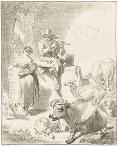 Fluitspelende herder en spinnende herderin