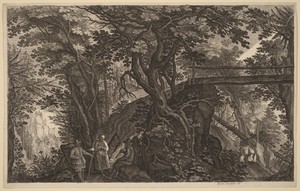Forest Landscape with Two Men and a Woman Resting near a Bridge
