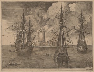 Four-Master (Left) and Two Three-Masters Ancored Near a Fortified Island with a Lighthouse