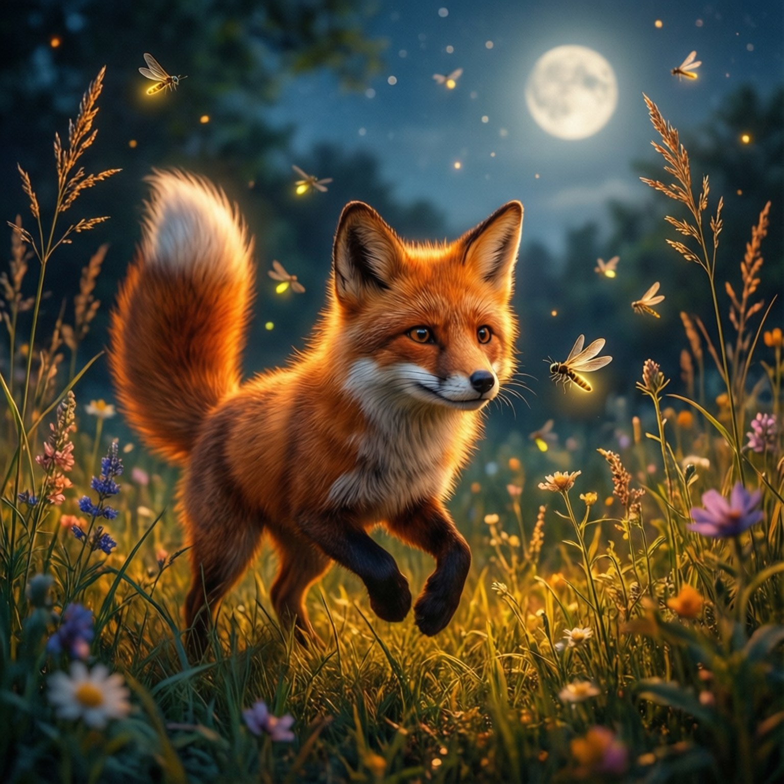 Fox and Fireflies by Wallpapers.art Studio