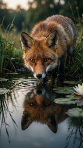 Fox at Pond Reflection