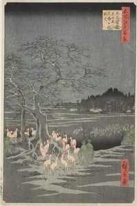 Fox Fires on New Year's Eve at the Changing Tree in Oji (Oji shozoku enoki omisoka no kitsunebi), from the series "One Hundred Famous Views of Edo (Meisho Edo hyakkei)"