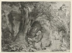 Franciscus knielend in gebed onder een boom