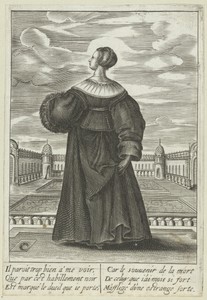 Franse dame in rouwkleding in een paleistuin