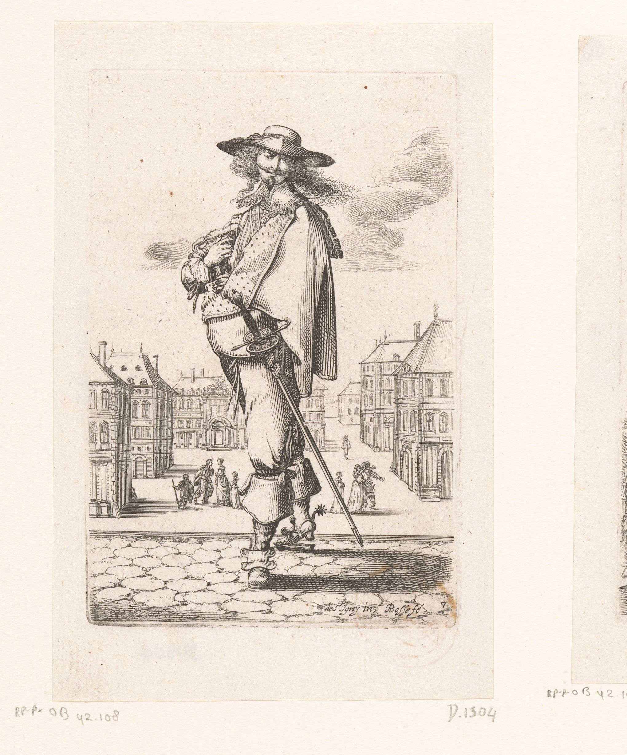 Franse edelman met degen langs zijn zij, gekleed volgens de mode van ca. 1630 by Abraham Bosse