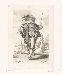 Franse edelman met opgeheven karwats, gekleed volgens de mode van ca. 1630