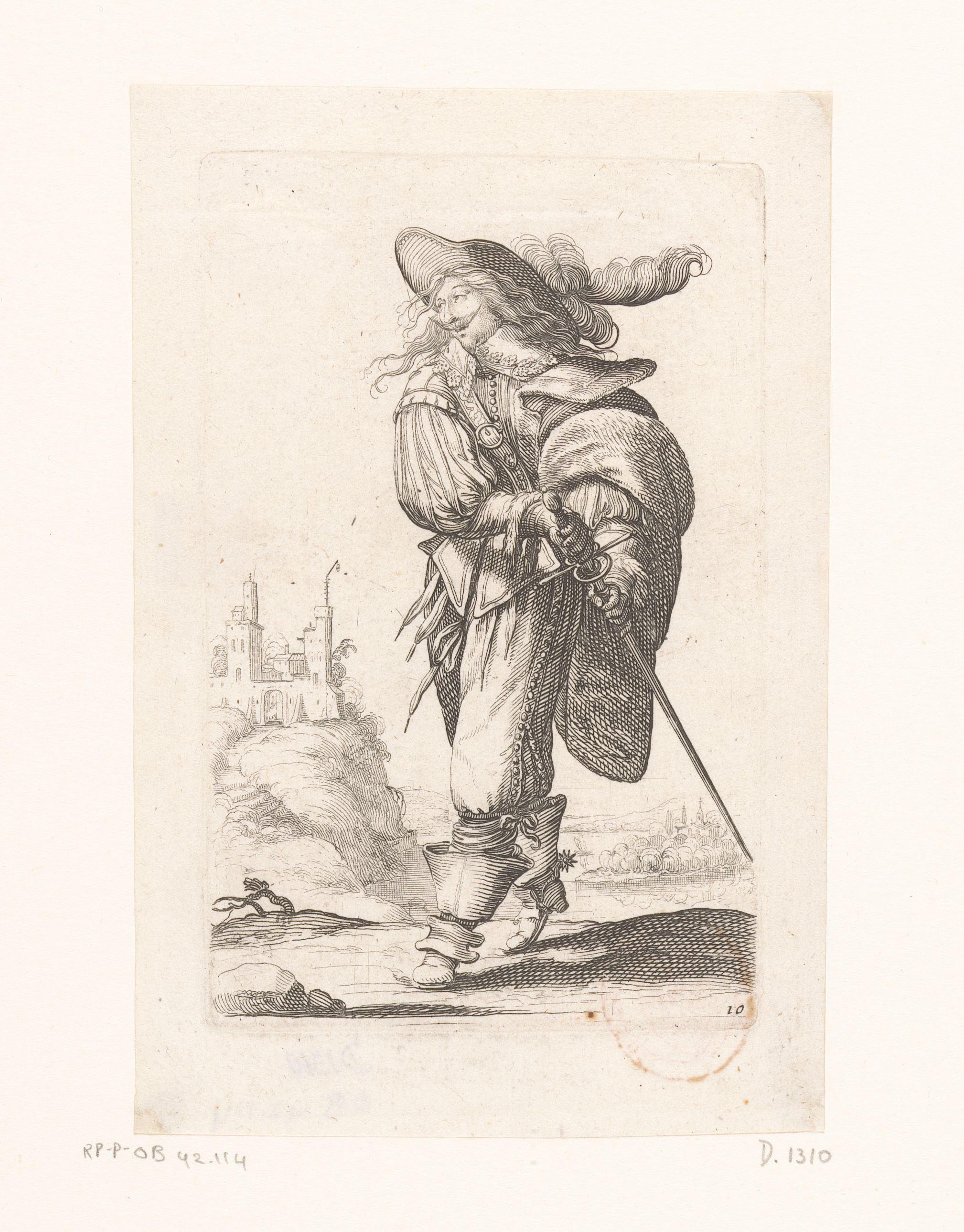 Franse edelman, zijn degen trekkend, gekleed volgens de mode van ca. 1630 by Abraham Bosse