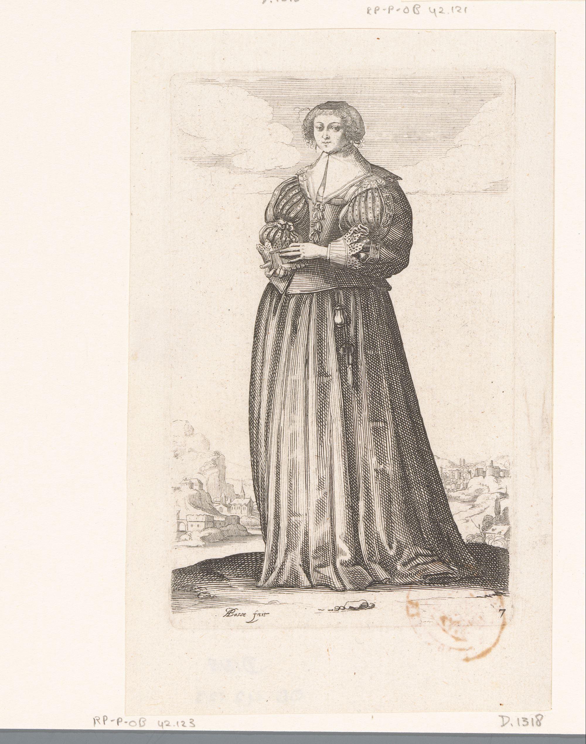 Franse edelvrouw met boek in de hand, gekleed volgens de mode van ca. 1630 by Abraham Bosse