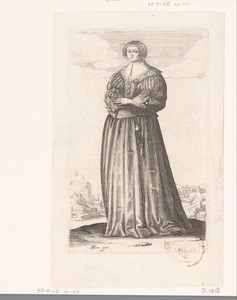 Franse edelvrouw met boek in de hand, gekleed volgens de mode van ca. 1630