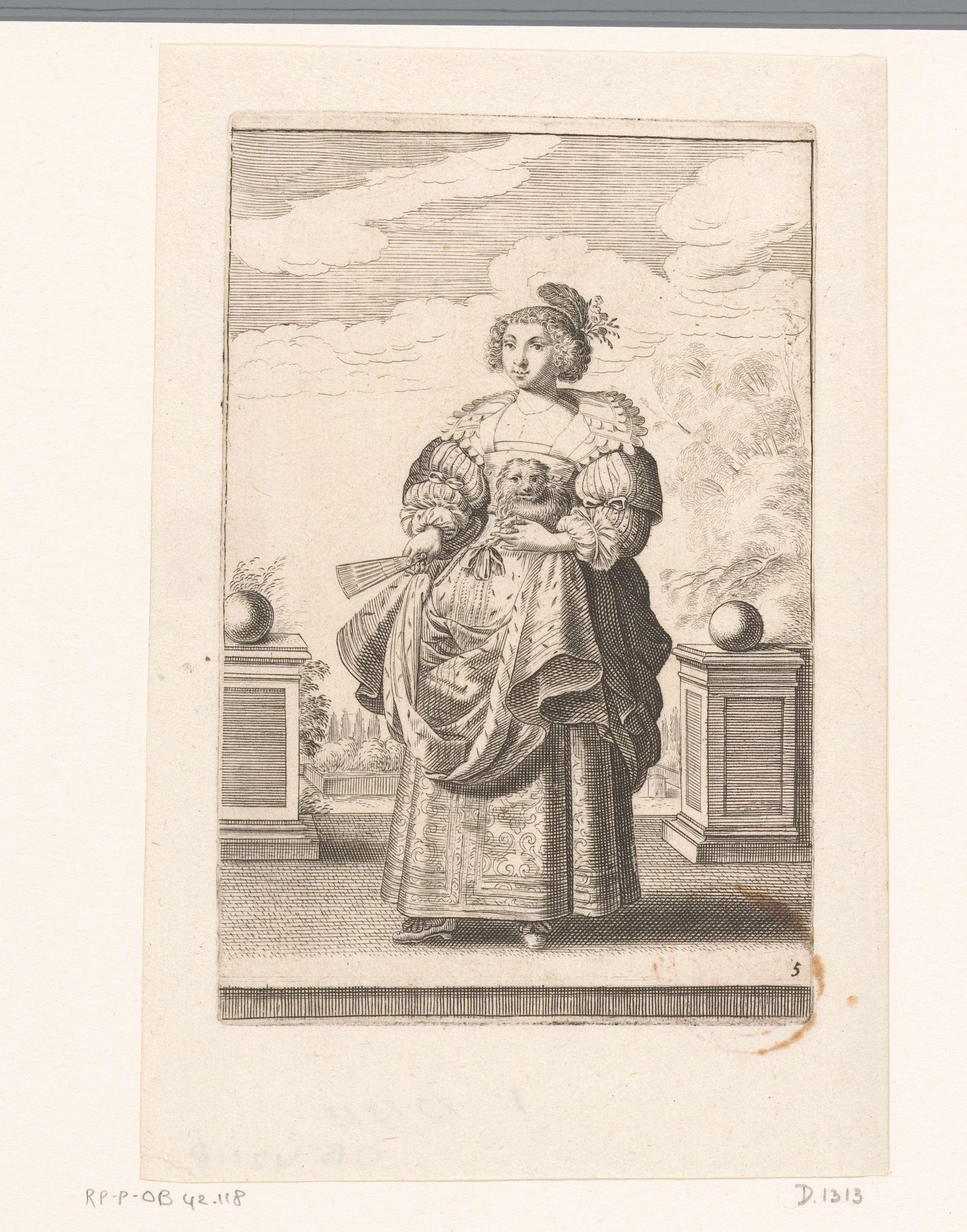 Franse edelvrouw met hond op de arm, gekleed volgens de mode van ca. 1630 by Abraham Bosse