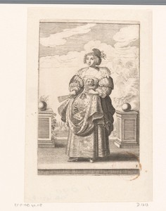 Franse edelvrouw met hond op de arm, gekleed volgens de mode van ca. 1630