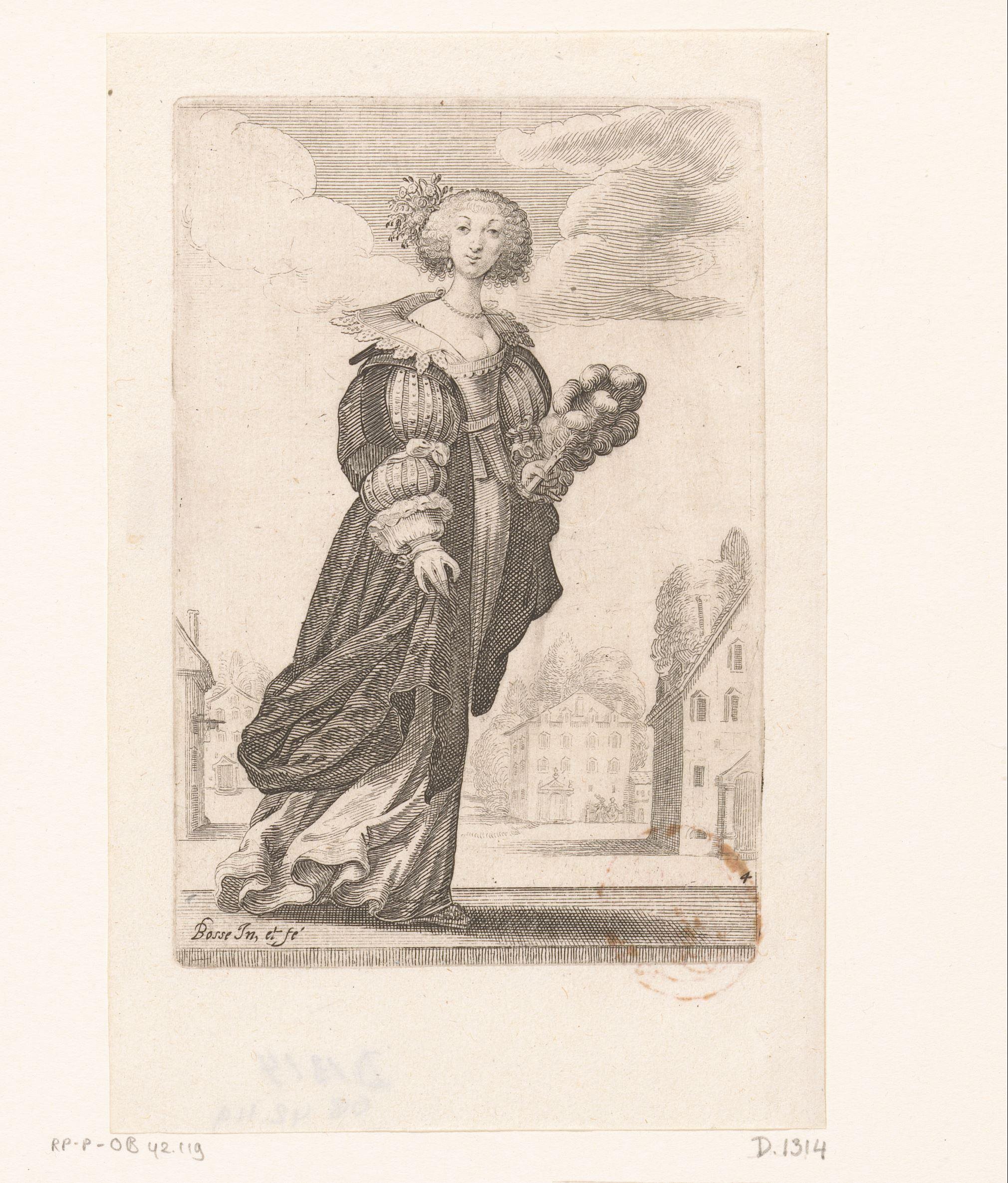 Franse edelvrouw met stokwaaier, gekleed volgens de mode van ca. 1630 by Abraham Bosse