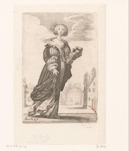 Franse edelvrouw met stokwaaier, gekleed volgens de mode van ca. 1630