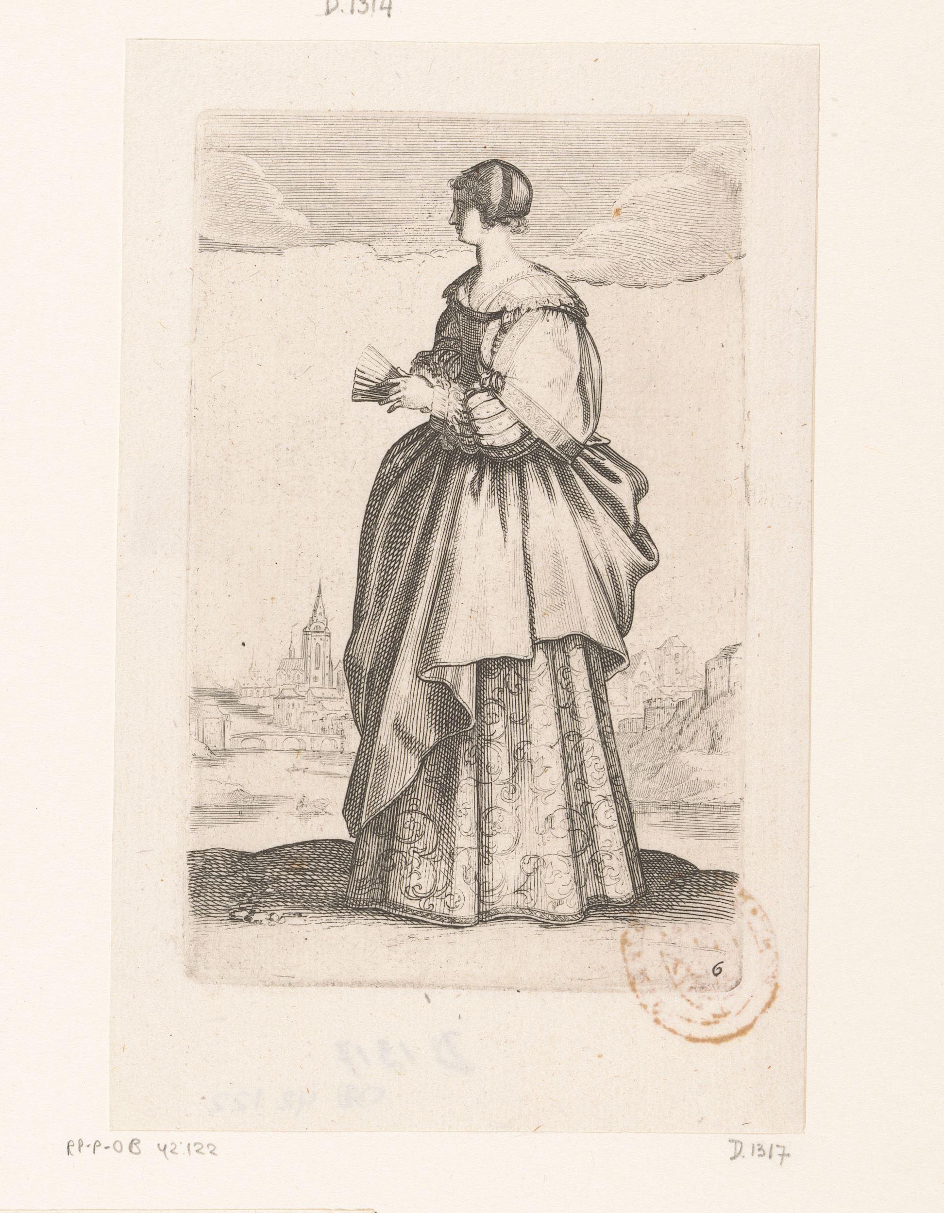 Franse edelvrouw met vouwwaaier, gekleed volgens de mode van ca. 1630 by Abraham Bosse