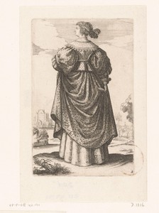 Franse edelvrouw, op de rug gezien, gekleed volgens de mode van ca. 1630