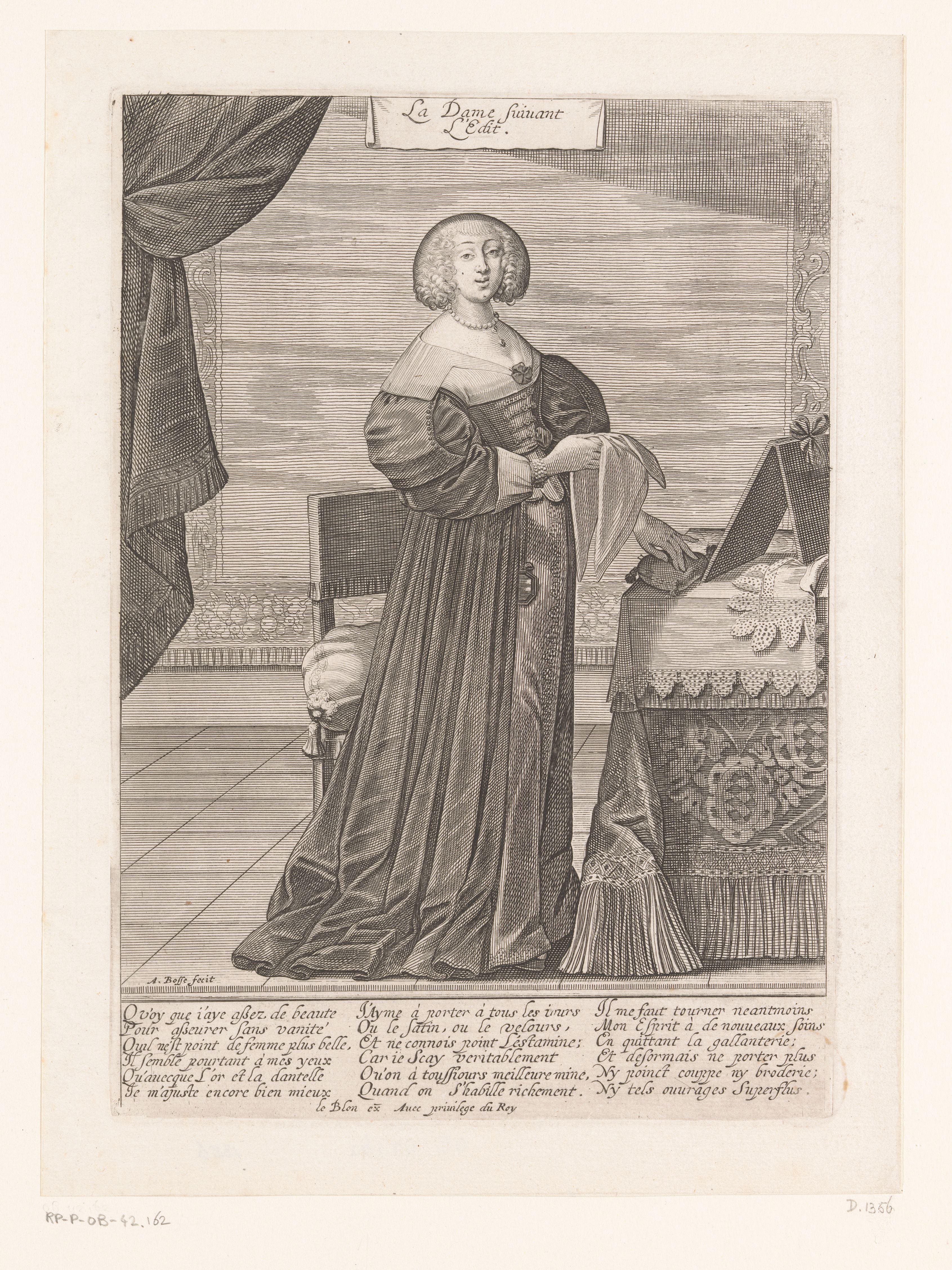 Franse hofdame die het edict van 1633 navolgt by Abraham Bosse