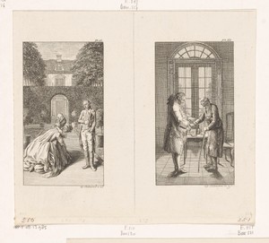 Frau von Weesen met Alexander en Lorchen in de tuin en Herr von Geldern en de oude man