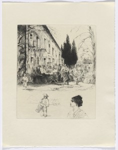 Frédéric Mistral: Mémoires et Recits by Frédéric Mistral: figures at outdoor table/ man playing drum and bust of a woman (insert after p. 136)