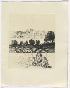 Frédéric Mistral: Mémoires et Recits by Frédéric Mistral: landscape with river and city view/ three figures (insert after p. 72)