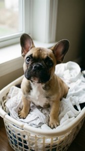 Frenchie in Laundry Basket