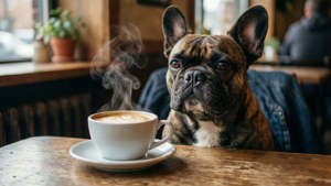 Frenchie with Coffee