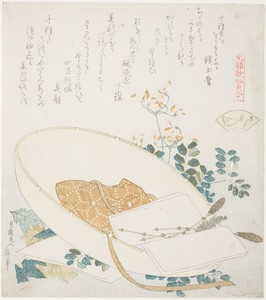 Freshly-Picked Flowers in a Traveler’s Hat, illustration for "The Thousand-grasses Shell," from the series A Matching Game with Genroku-period Poem Shells (Genroku kasen kai awase)"