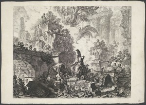 Frontispice met fantasieruïnes en sculptuur van Minerva
