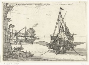 Galei ligt voor anker in een baai