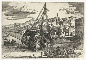 Galei voor anker aan de kade van de haven van Messina