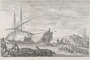 Galeischip met afgedekte brug in de haven van Livorno
