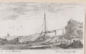 Galeischip onder dek aan de kust liggend