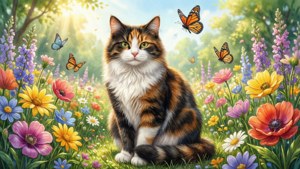 Garden Cat and Butterflies