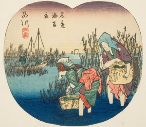 Gathering Seaweed at Omori in Shinagawa (Shinagawa, Omori, meisan nori tori), section of sheet no. 1 from the series "Cutout Pictures of the Tokaido Road (Tokaido harimaze zue)"