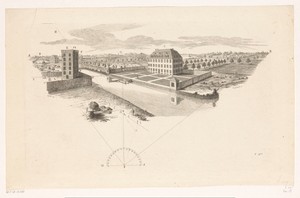 Gebouwen in een landschap met lijnperspectief