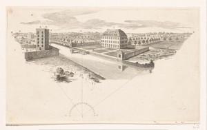 Gebouwen in een landschap met lijnperspectief