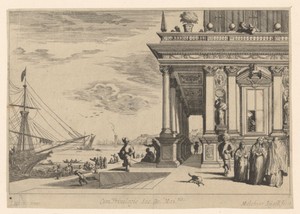 Gebouwen in Romeinse stijl aan een werf