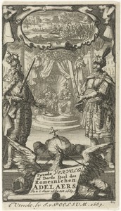 Gekroonde vorst en Turkse bevelhebber, op de achtergrond Willem III en Maria Stuart op de troon