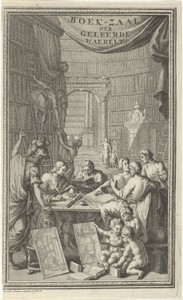 Geleerden in een bibliotheek