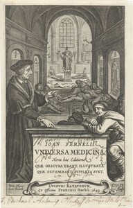 Geneesheer Johannes Fernelius spreekt tot zieke in ziekenzaal waar zieken op de grond liggen