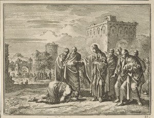 Genezen melaatse knielt aan de voeten van Christus