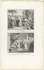 Genezing van de vrouw die aan bloedvloeiingen leed en Christus wekt de dochter van Jaïrus op