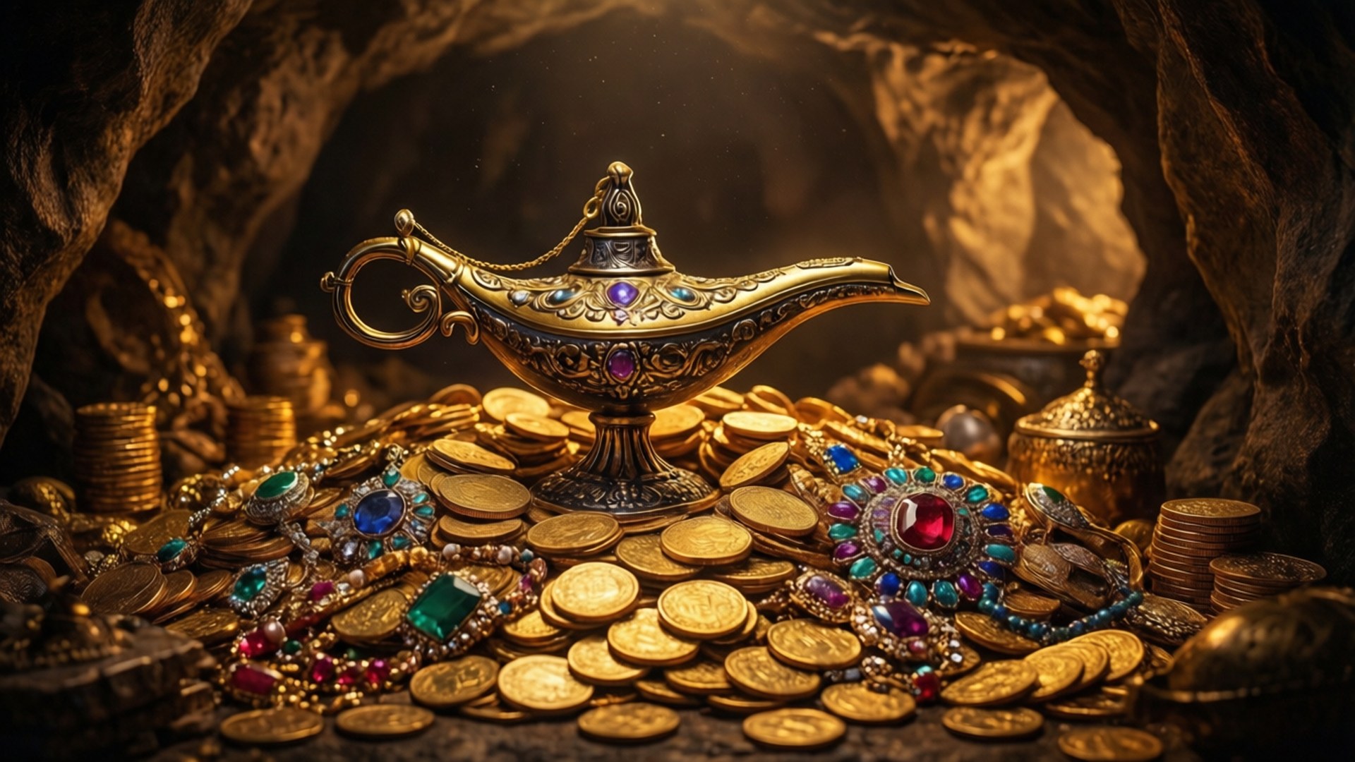 Genie Lamp in Treasure Cave by Wallpapers.art Studio
