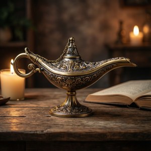 Genie Lamp on Wooden Table