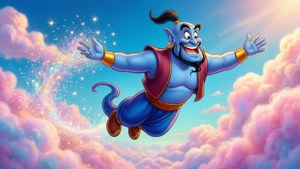 Genie Soaring in Clouds