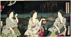 Genietend van het avondbriesje tijdens het vuurwerk te Ryogoku