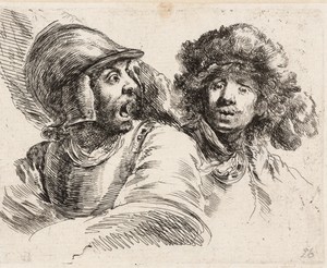 Geschrokken soldaat en man met muts met pluimen (portret van Rembrandt)