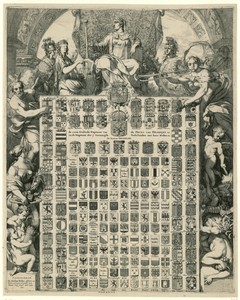 Geslachtswapens van prins Willem III in een allegorische omlijsting